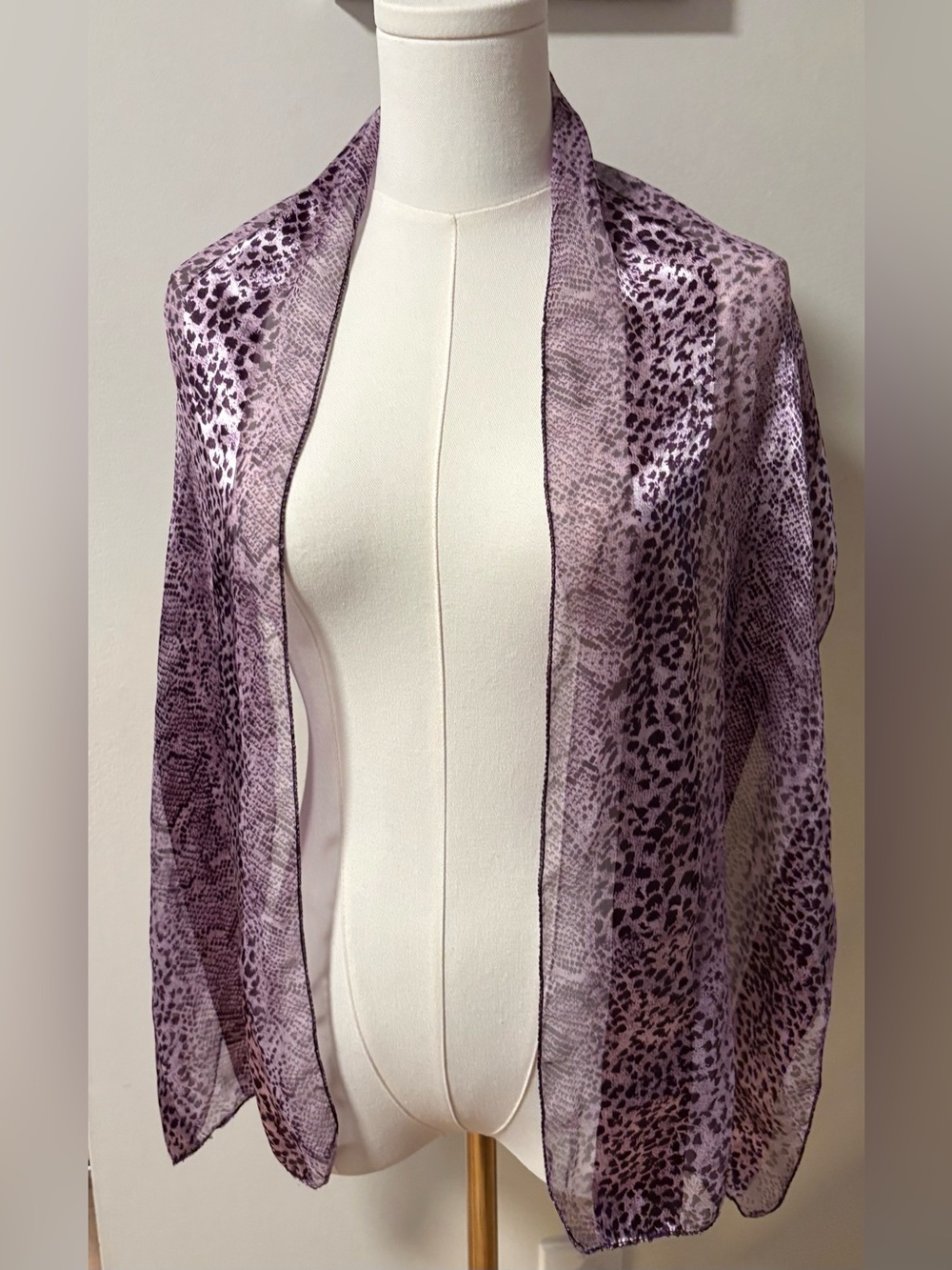 Jacquelyn Smith purple snake print long scarf shear and solid stripes